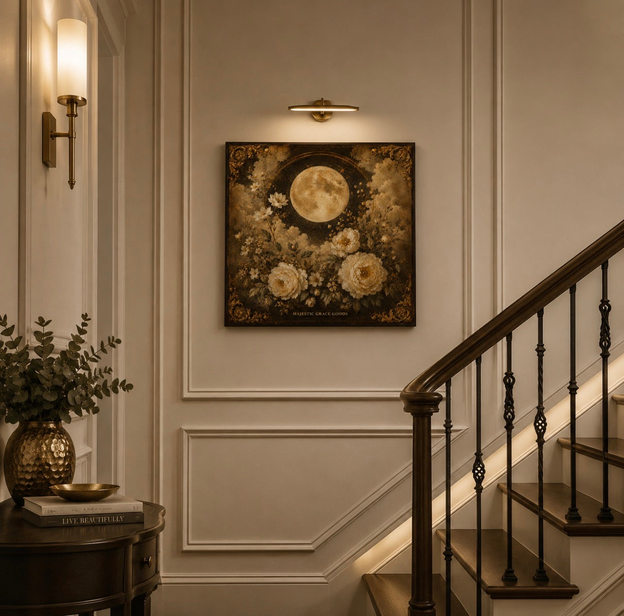 Moonlit Floral Canvas Wall Art, Vintage Gold Moon Botanical Decor, Luxury Ready to Hang Square Canvas