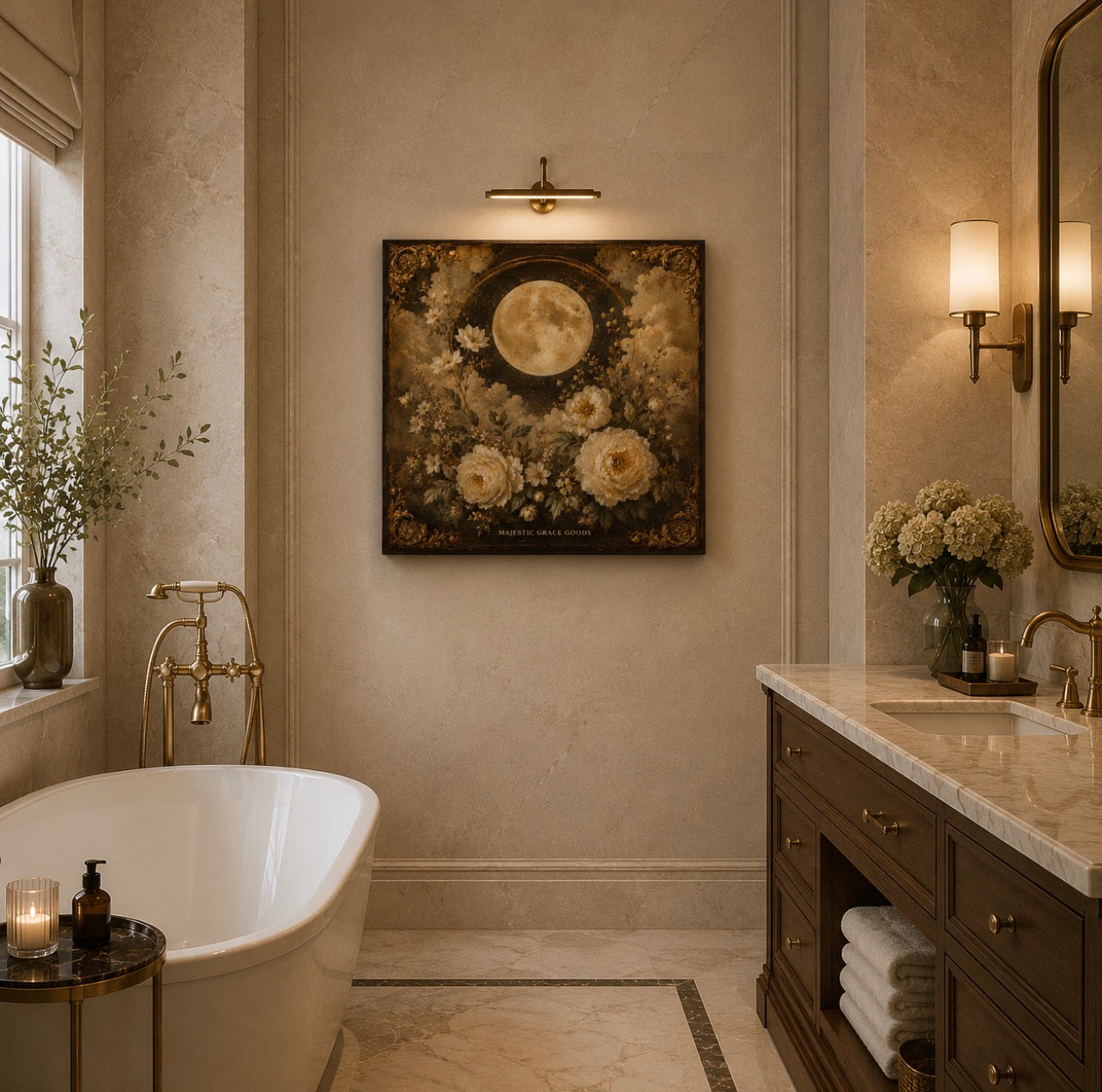 Moonlit Floral Canvas Wall Art, Vintage Gold Moon Botanical Decor, Luxury Ready to Hang Square Canvas
