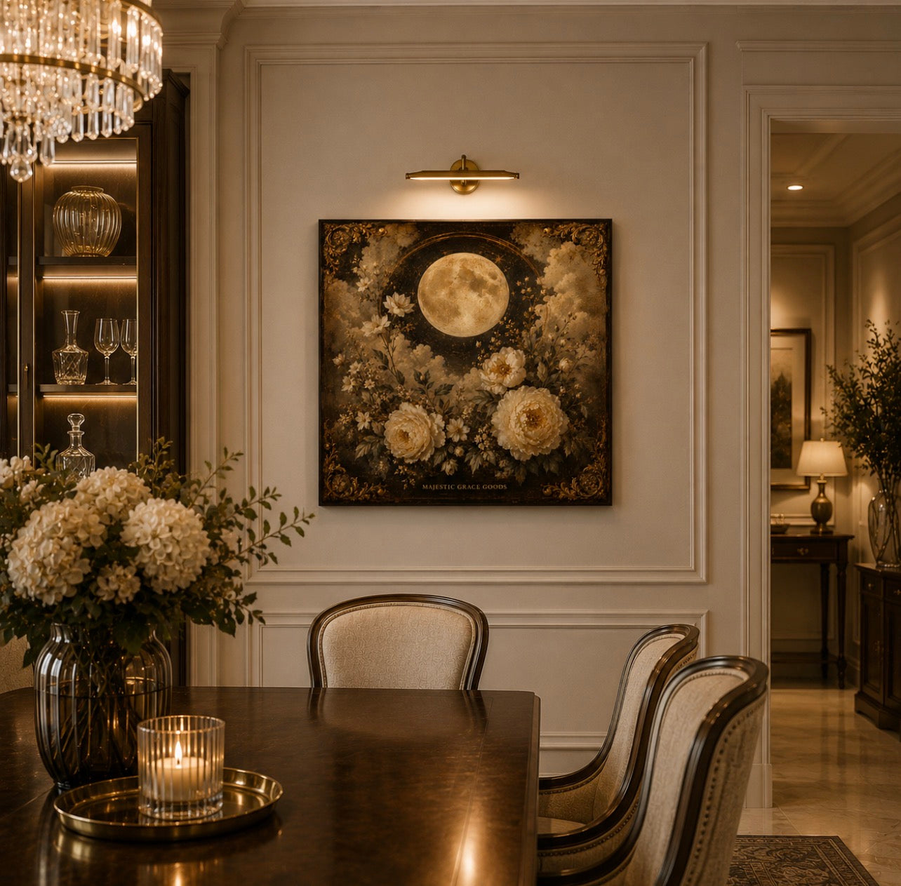 Moonlit Floral Canvas Wall Art, Vintage Gold Moon Botanical Decor, Luxury Ready to Hang Square Canvas