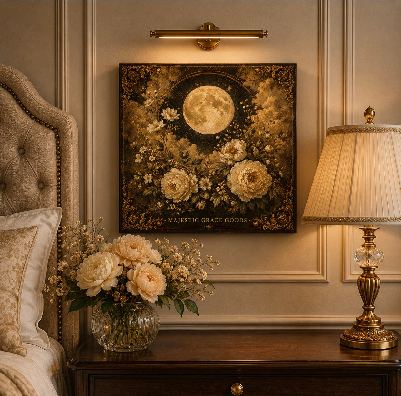 Moonlit Floral Canvas Wall Art, Vintage Gold Moon Botanical Decor, Luxury Ready to Hang Square Canvas