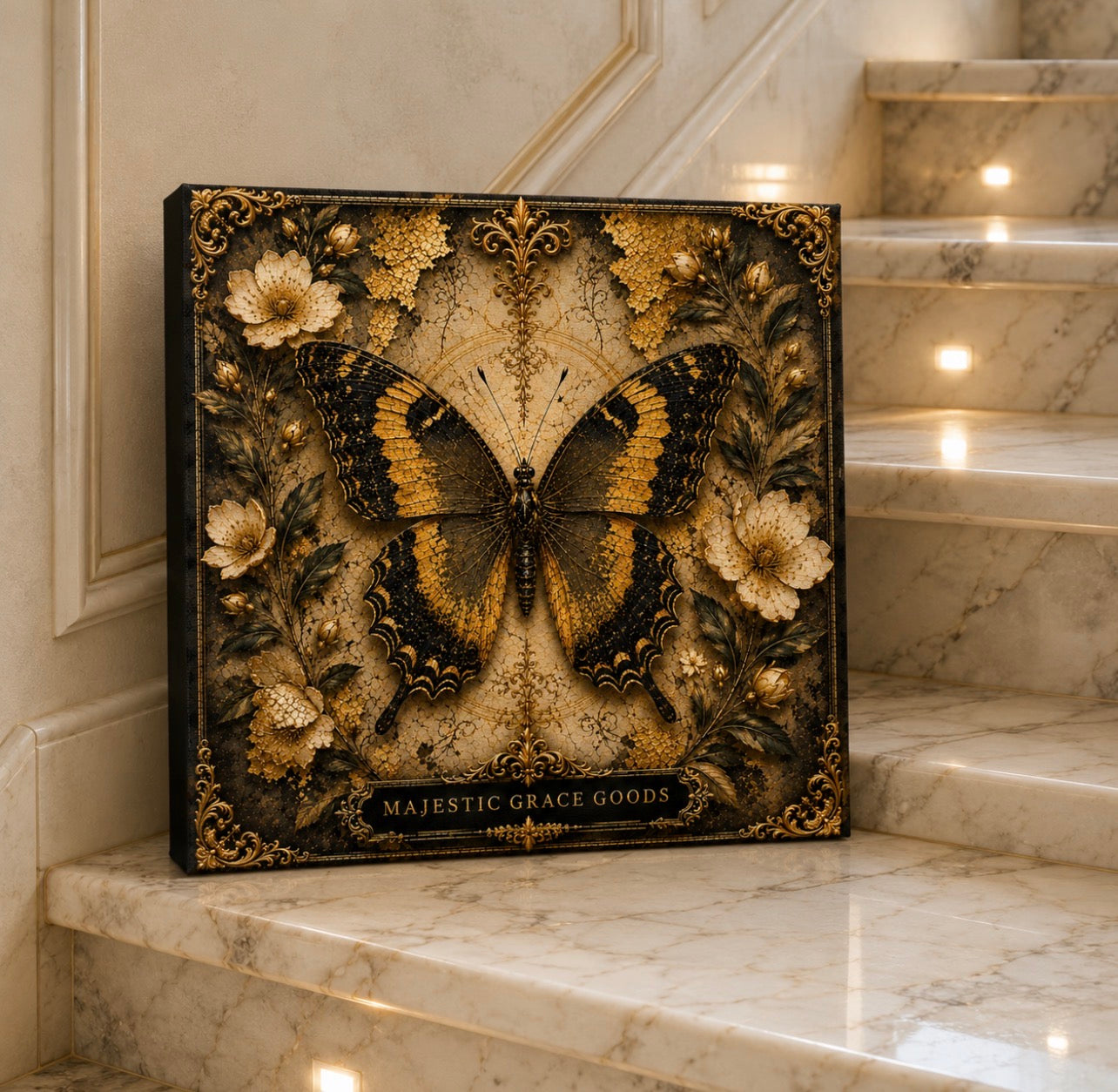 Golden Butterfly Floral Canvas Wall Art, Luxury Black Gold Butterfly Decor, Ready to Hang Square Canvas Print