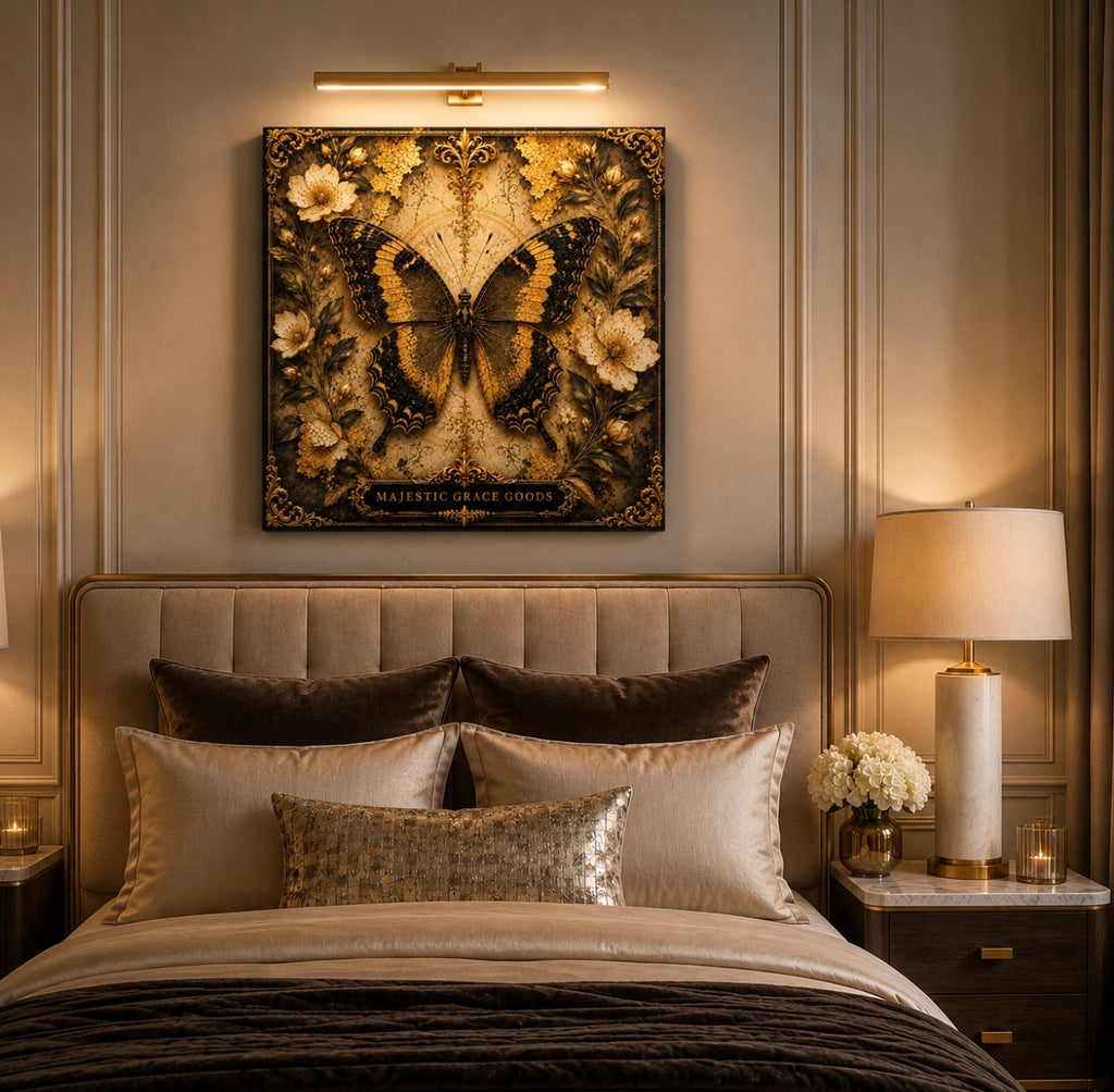 Golden Butterfly Floral Canvas Wall Art, Luxury Black Gold Butterfly Decor, Ready to Hang Square Canvas Print