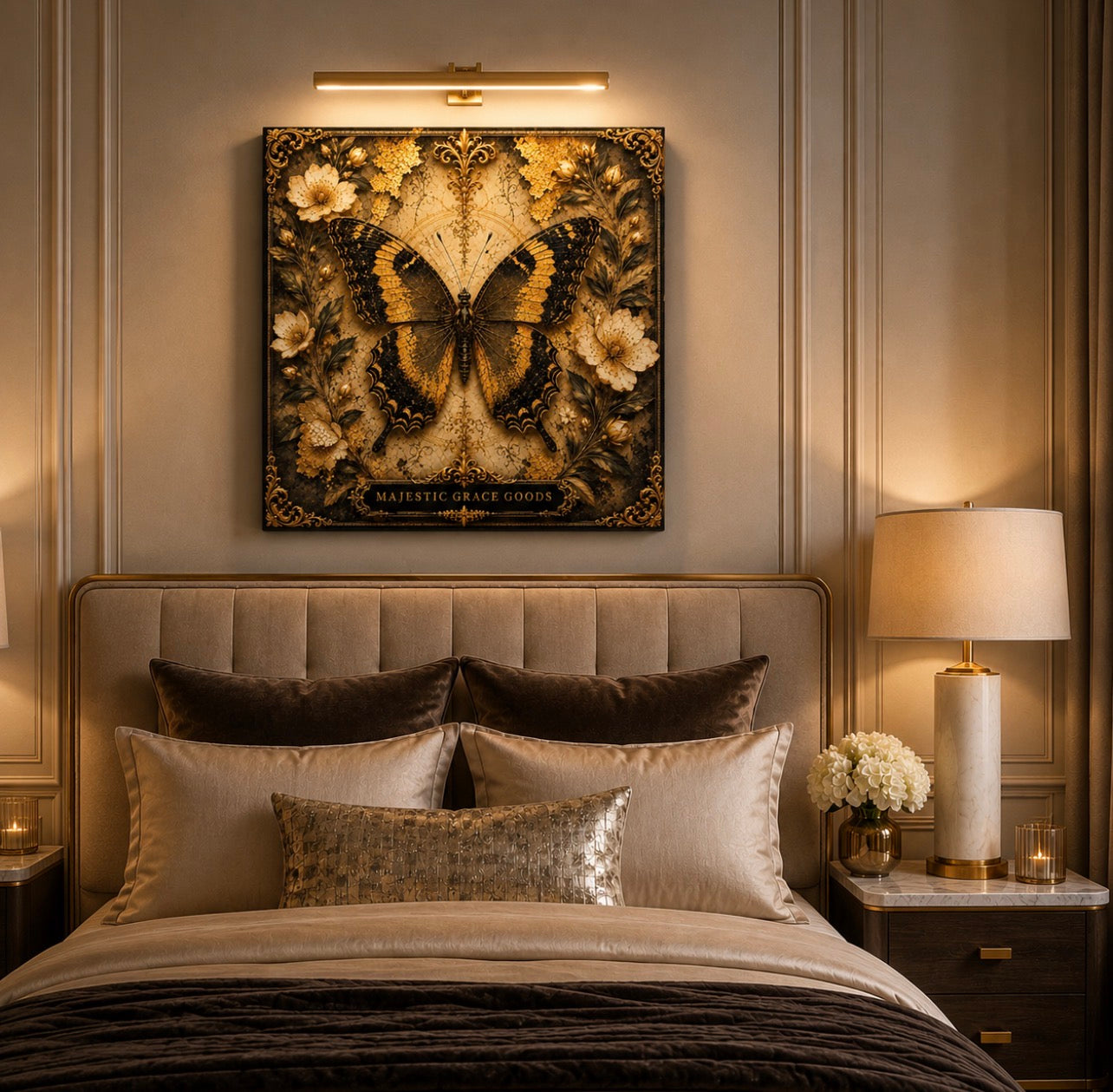 Golden Butterfly Floral Canvas Wall Art, Luxury Black Gold Butterfly Decor, Ready to Hang Square Canvas Print
