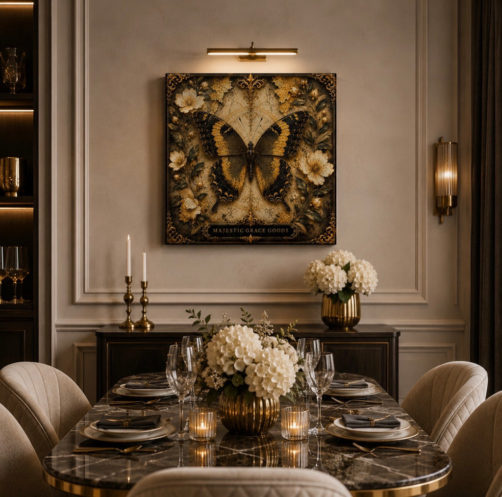 Golden Butterfly Floral Canvas Wall Art, Luxury Black Gold Butterfly Decor, Ready to Hang Square Canvas Print