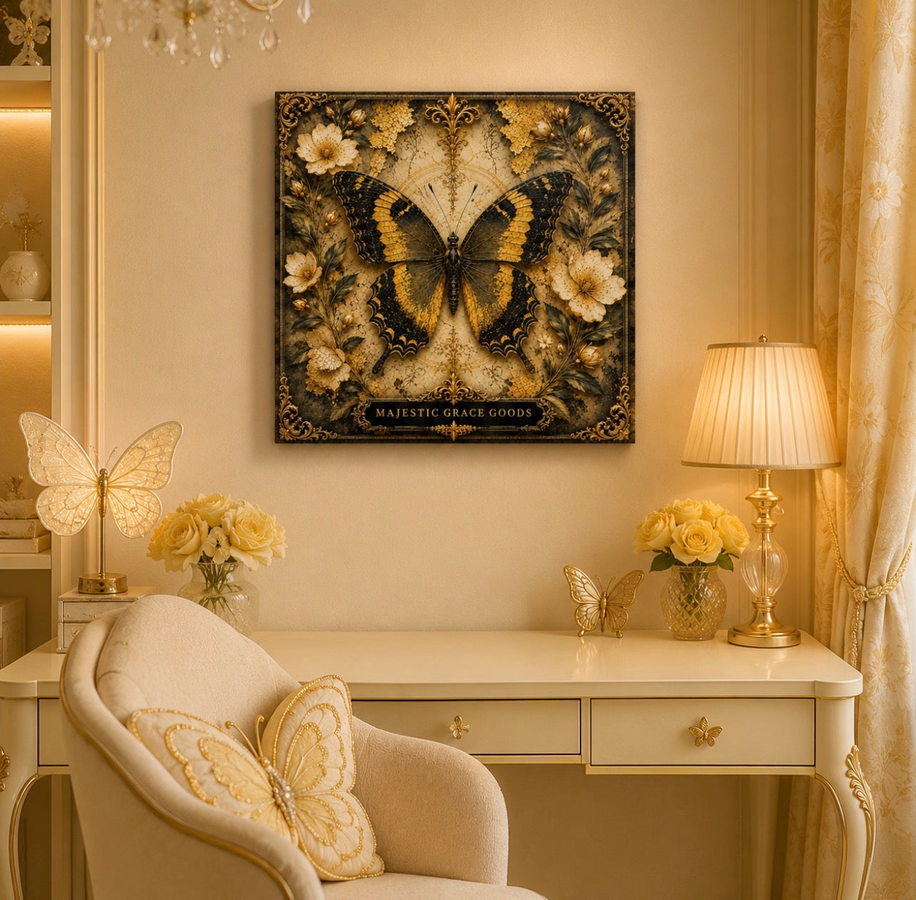 Golden Butterfly Floral Canvas Wall Art, Luxury Black Gold Butterfly Decor, Ready to Hang Square Canvas Print