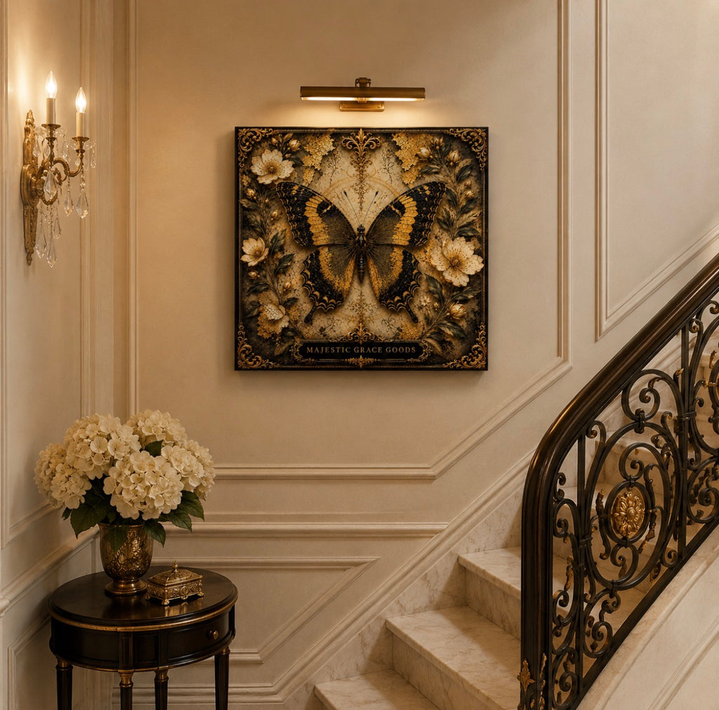 Golden Butterfly Floral Canvas Wall Art, Luxury Black Gold Butterfly Decor, Ready to Hang Square Canvas Print