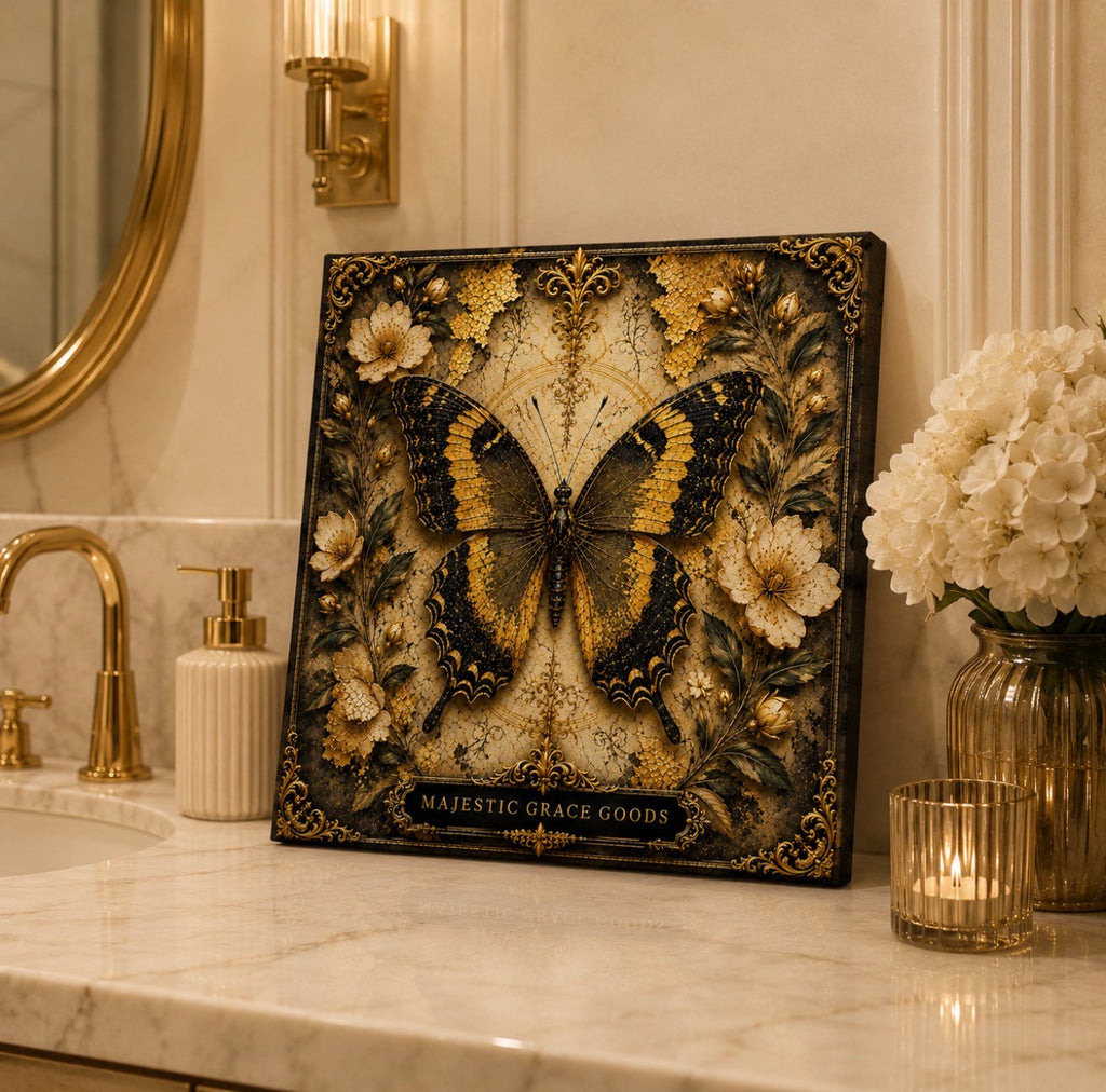 Golden Butterfly Floral Canvas Wall Art, Luxury Black Gold Butterfly Decor, Ready to Hang Square Canvas Print
