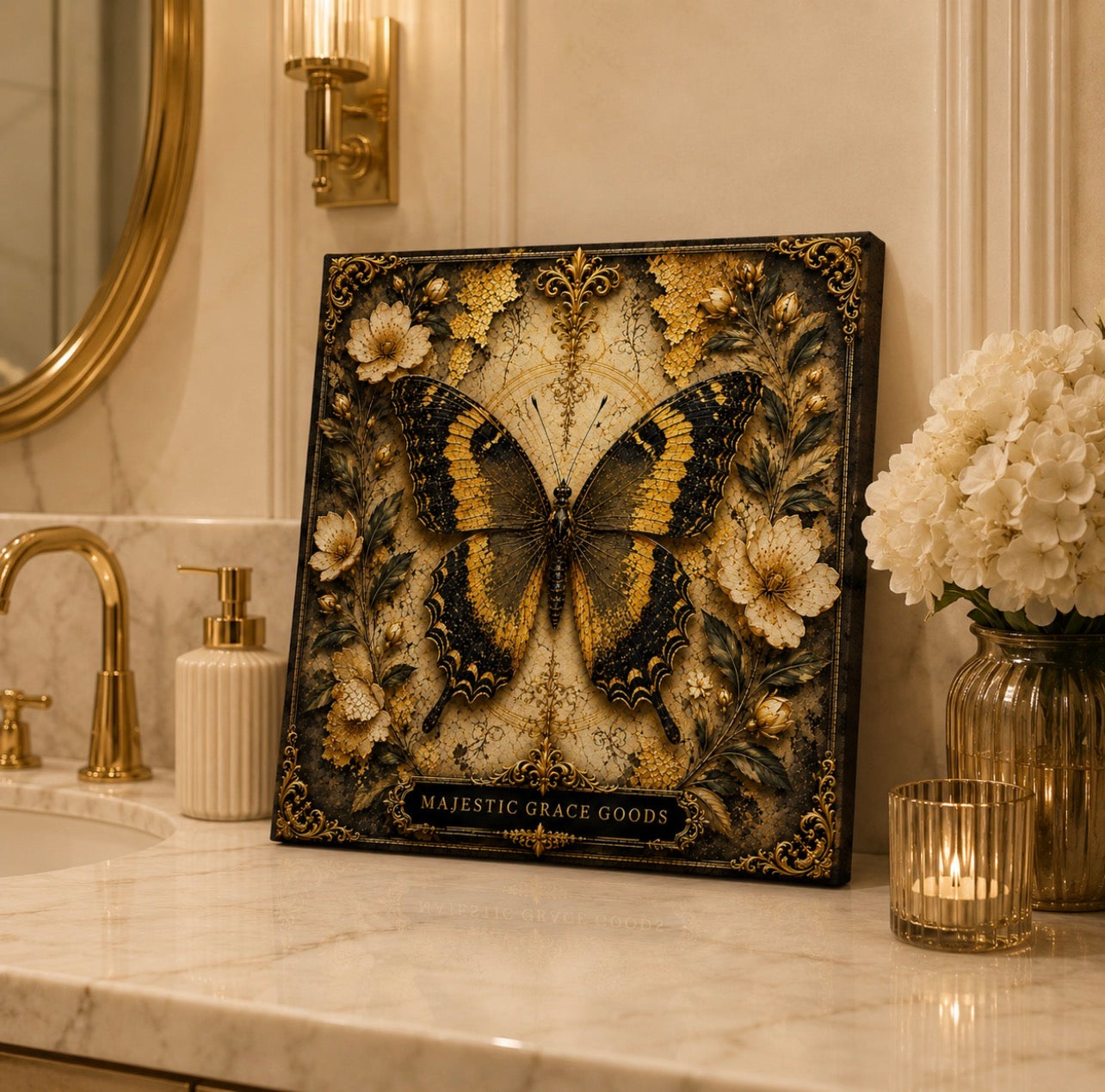 Golden Butterfly Floral Canvas Wall Art, Luxury Black Gold Butterfly Decor, Ready to Hang Square Canvas Print