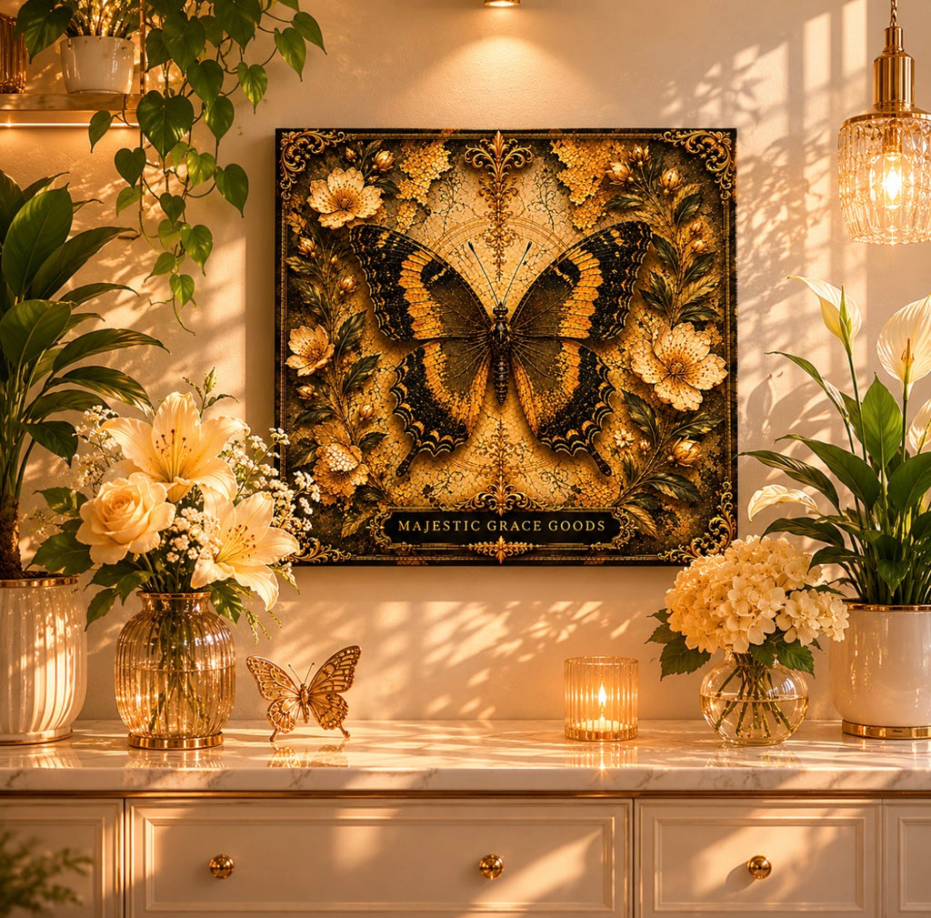 Golden Butterfly Floral Canvas Wall Art, Luxury Black Gold Butterfly Decor, Ready to Hang Square Canvas Print