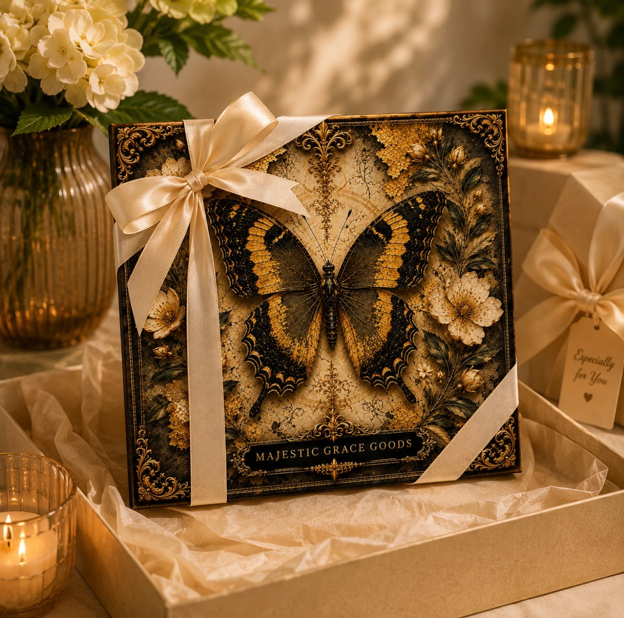 Golden Butterfly Floral Canvas Wall Art, Luxury Black Gold Butterfly Decor, Ready to Hang Square Canvas Print