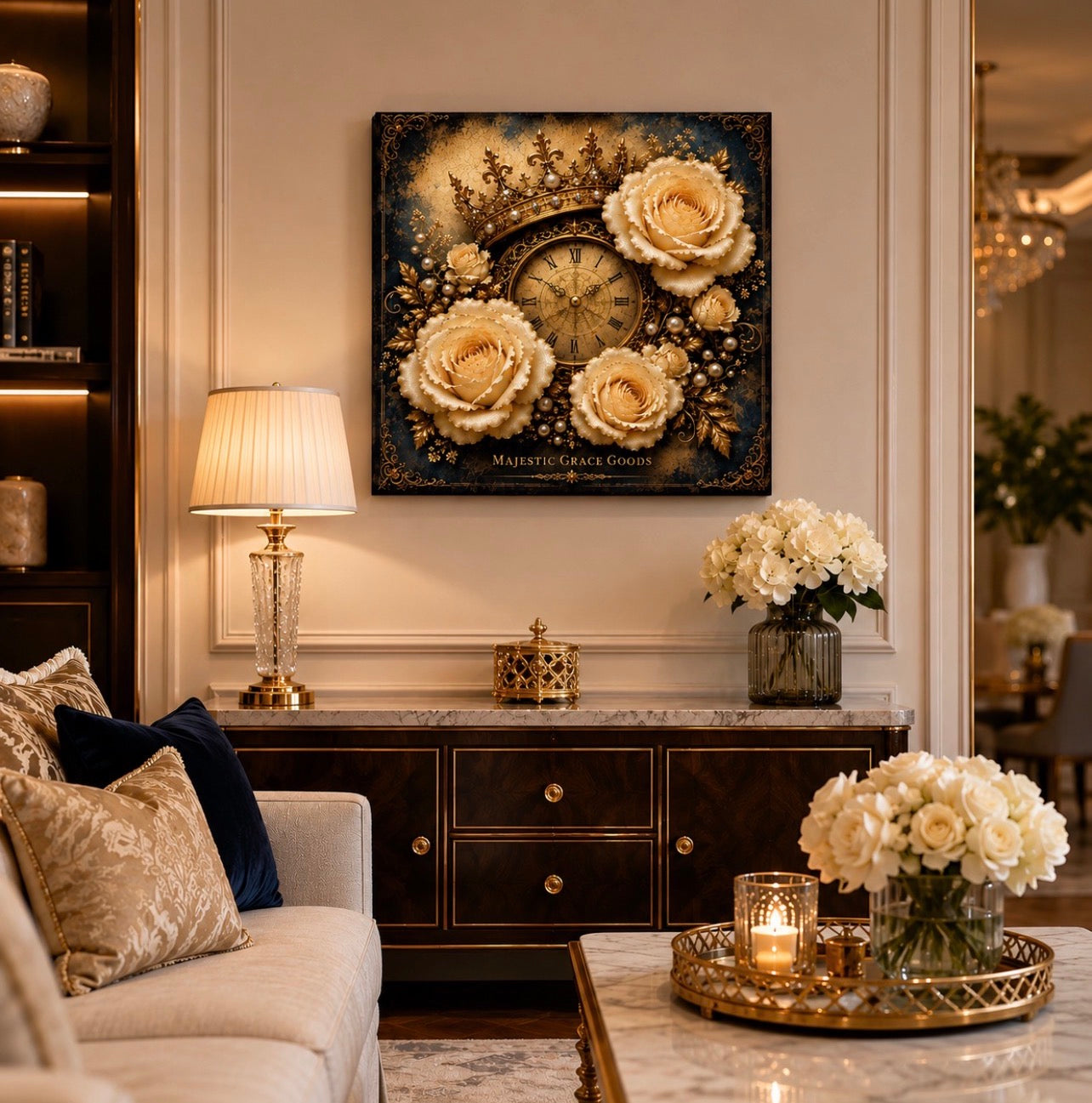 Vintage Crown Clock Canvas Wall Art, Elegant Rose Canvas Print, French Inspired Floral Decor, Luxury Blue and Gold Wall Art, Romantic Home Decor