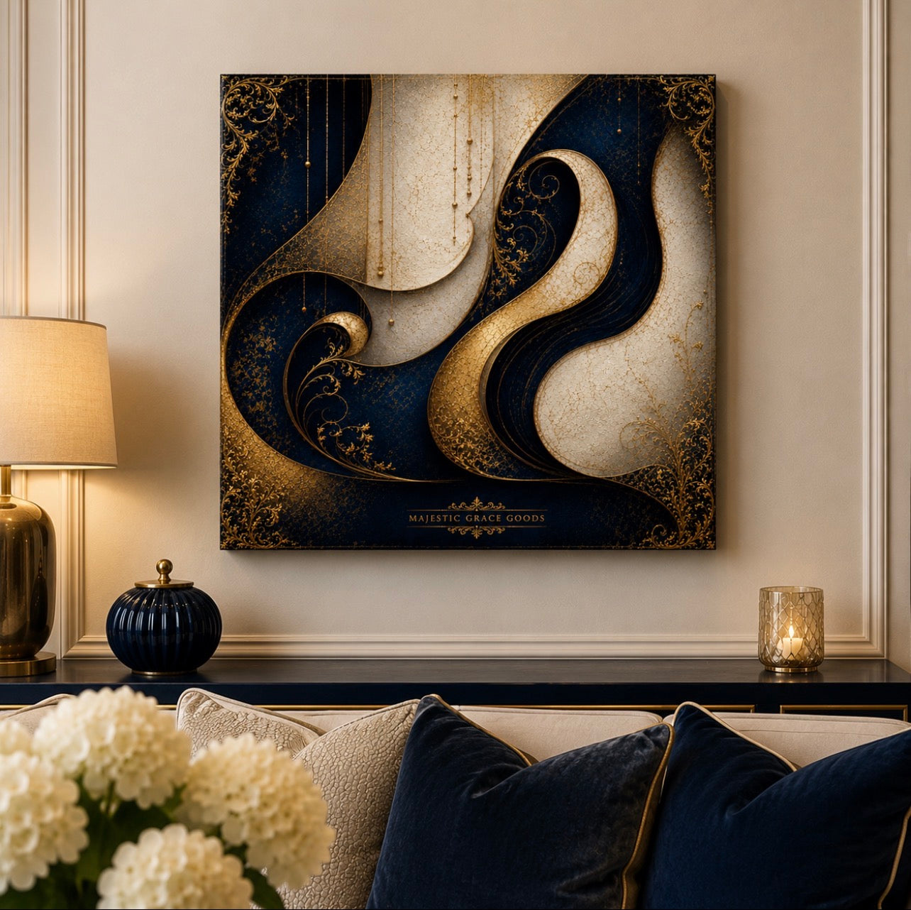 Tableau mural de luxe sur toile carrée - Abstrait bleu et or - Impression sur toile de qualité supérieure, prête à être accrochée