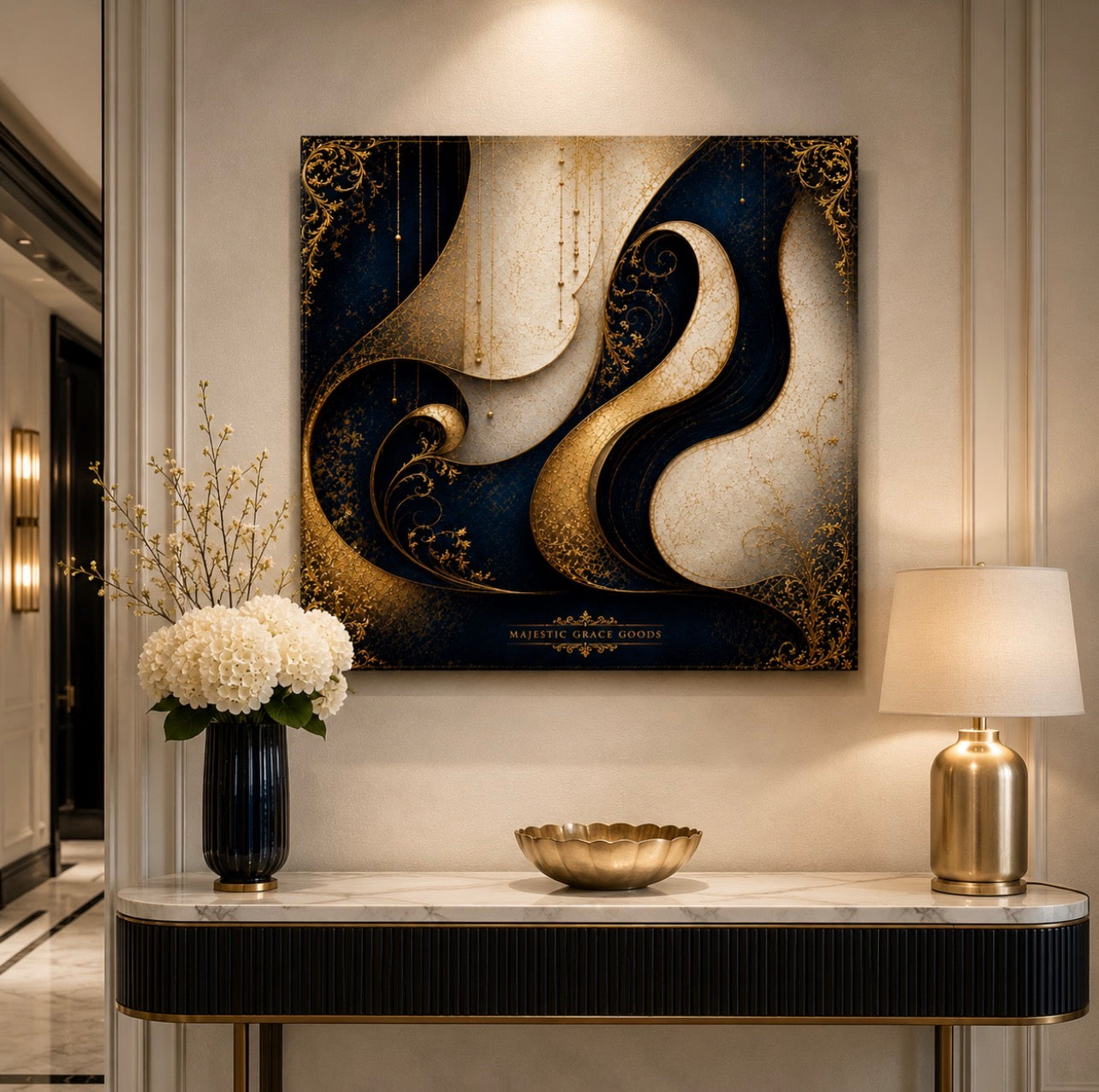 Tableau mural de luxe sur toile carrée - Abstrait bleu et or - Impression sur toile de qualité supérieure, prête à être accrochée