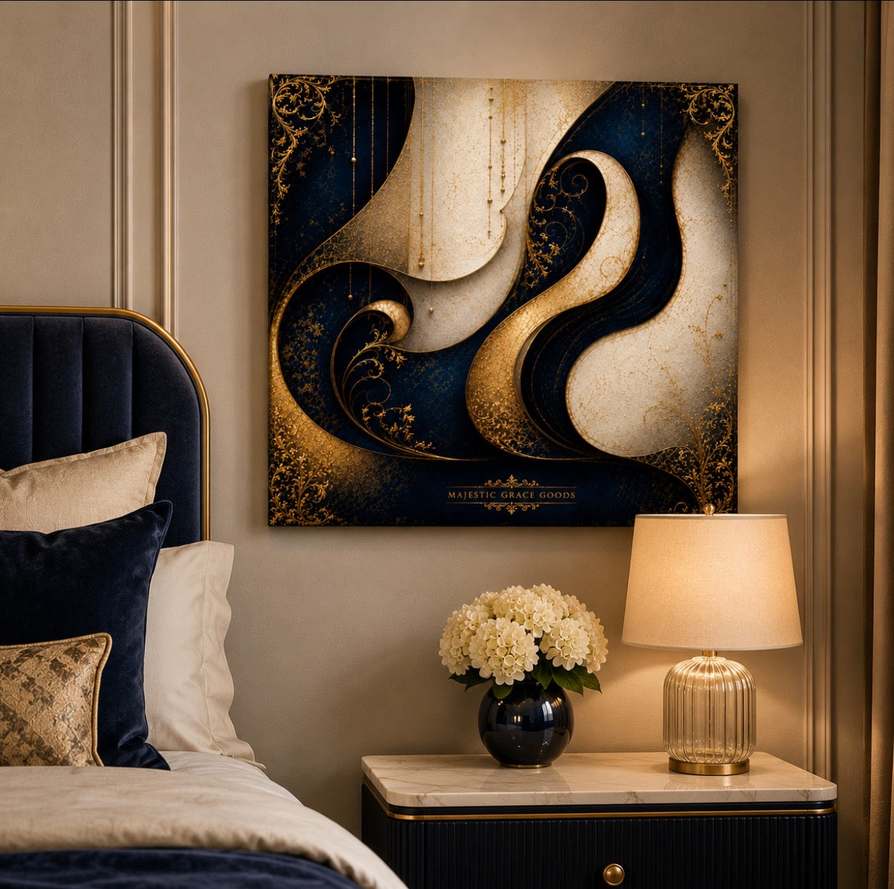 Tableau mural de luxe sur toile carrée - Abstrait bleu et or - Impression sur toile de qualité supérieure, prête à être accrochée