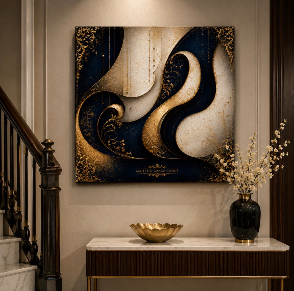 Tableau mural de luxe sur toile carrée - Abstrait bleu et or - Impression sur toile de qualité supérieure, prête à être accrochée