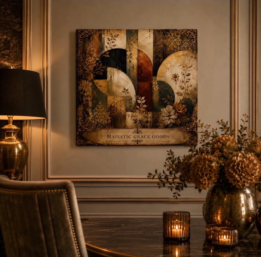 Vintage Botanical Abstract Canvas Wall Art, Antique Gold, Olive Green and Ivory Luxury Artwork, Ready to Hang Square Canvas