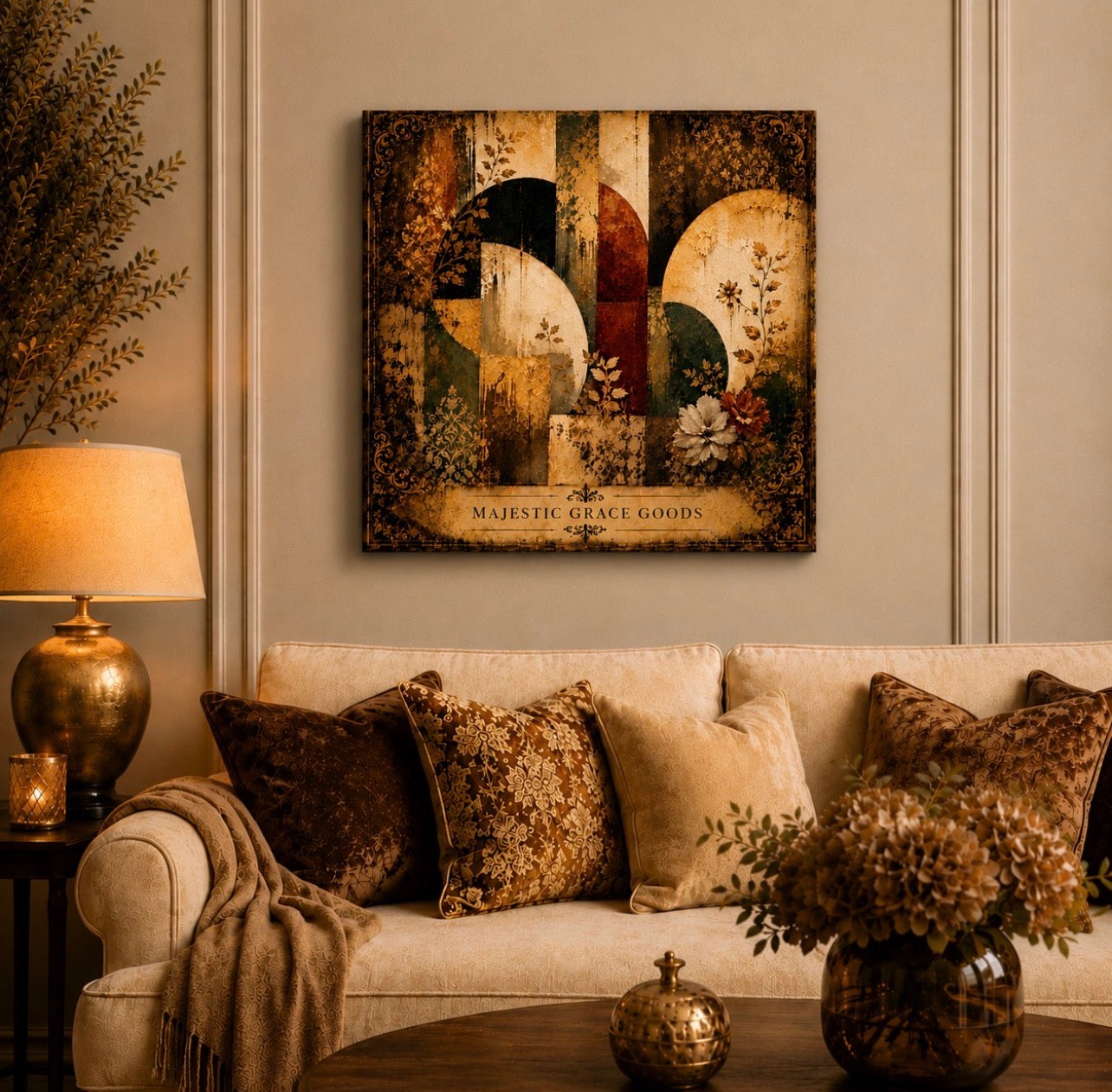 Vintage Botanical Abstract Canvas Wall Art, Antique Gold, Olive Green and Ivory Luxury Artwork, Ready to Hang Square Canvas