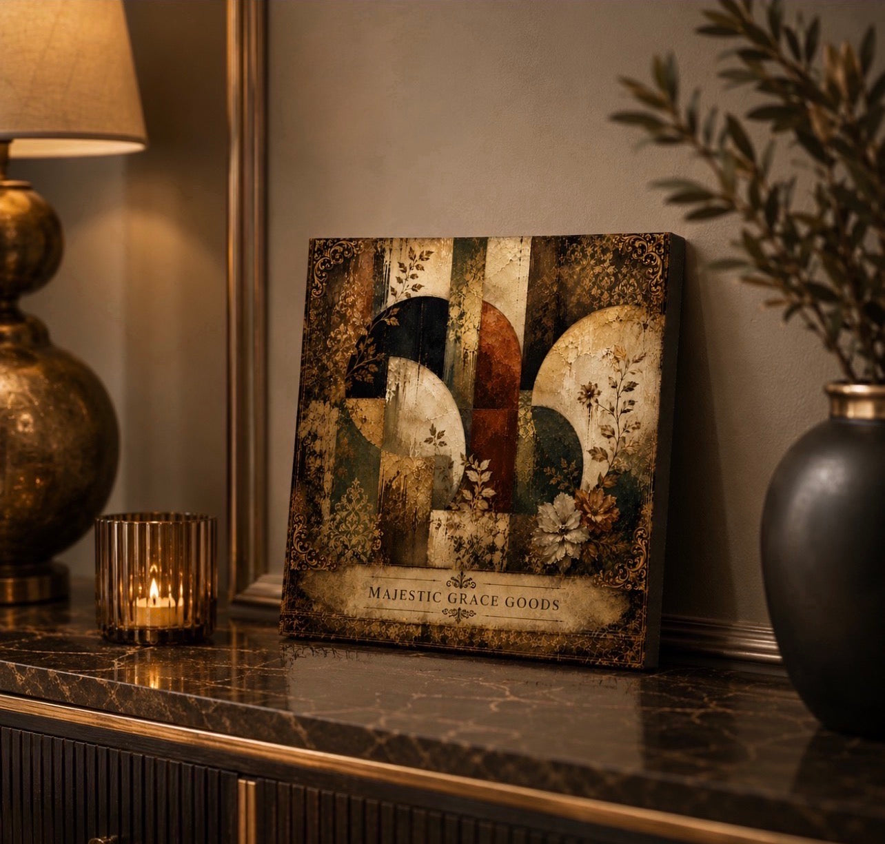 Vintage Botanical Abstract Canvas Wall Art, Antique Gold, Olive Green and Ivory Luxury Artwork, Ready to Hang Square Canvas