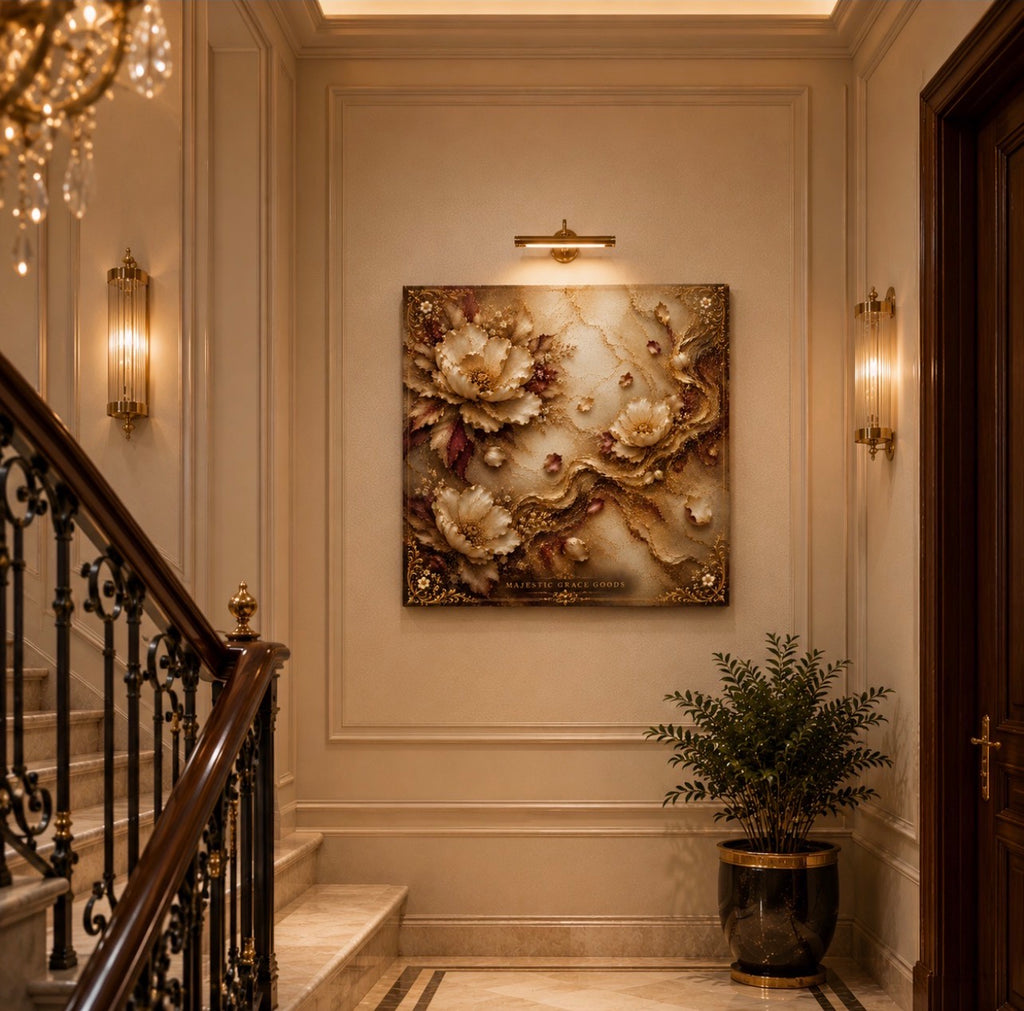 Tableau mural de luxe sur toile dorée à motif floral, œuvre d'art botanique ivoire et bordeaux, élégant tableau carré prêt à accrocher