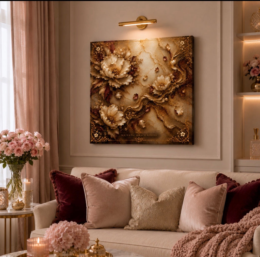 Tableau mural de luxe sur toile dorée à motif floral, œuvre d'art botanique ivoire et bordeaux, élégant tableau carré prêt à accrocher