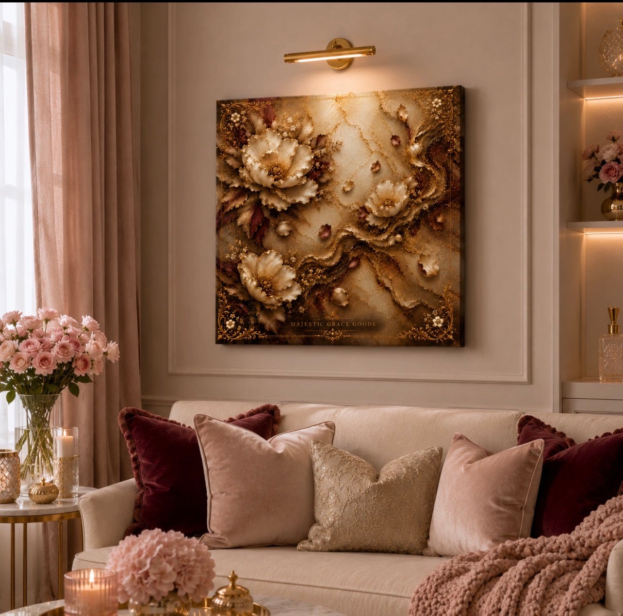 Tableau mural de luxe sur toile dorée à motif floral, œuvre d'art botanique ivoire et bordeaux, élégant tableau carré prêt à accrocher