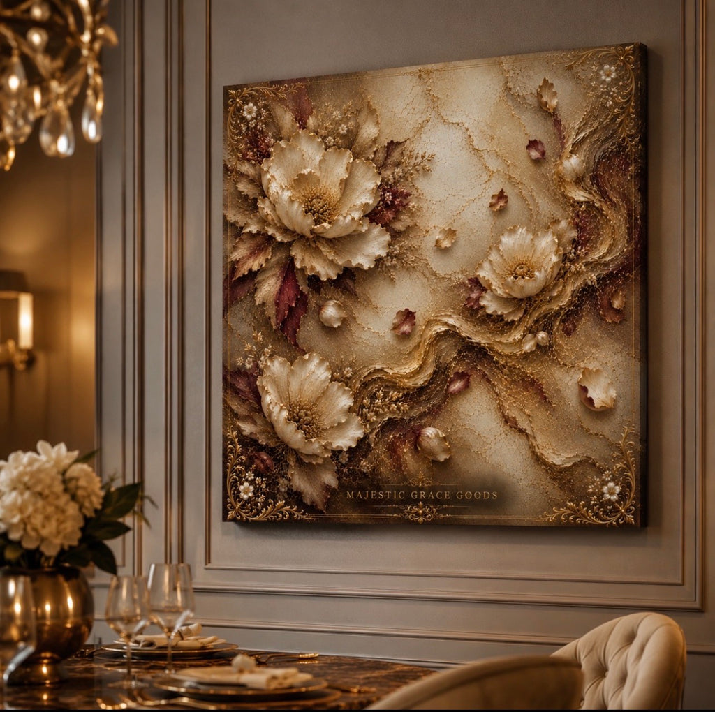 Tableau mural de luxe sur toile dorée à motif floral, œuvre d'art botanique ivoire et bordeaux, élégant tableau carré prêt à accrocher