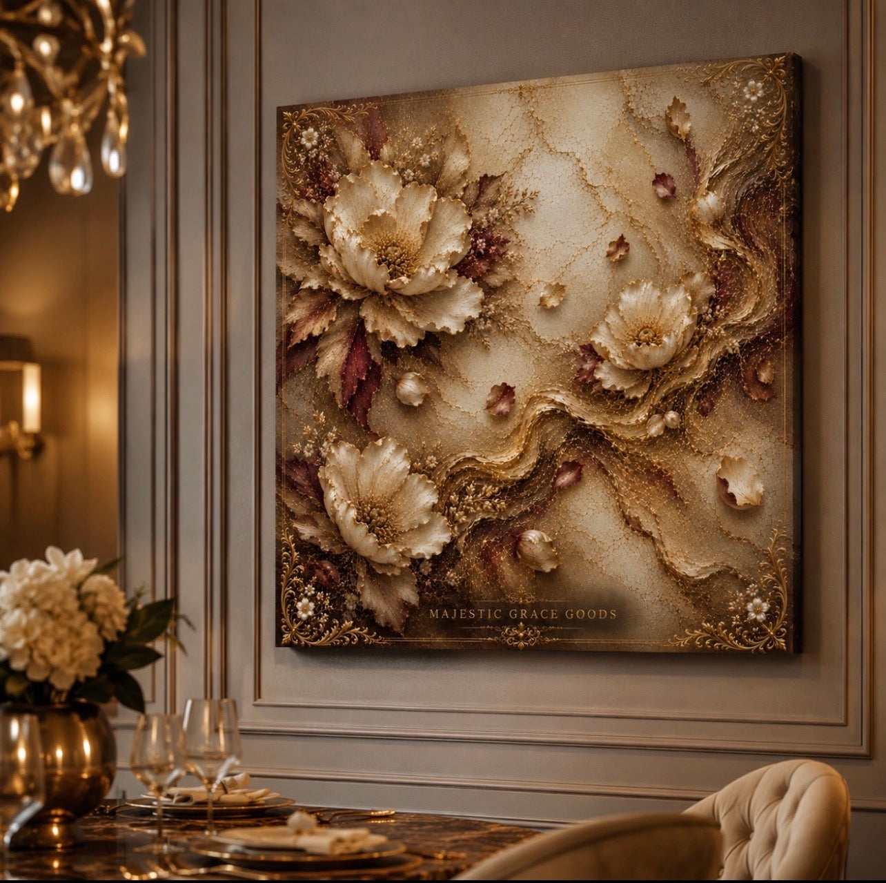 Tableau mural de luxe sur toile dorée à motif floral, œuvre d'art botanique ivoire et bordeaux, élégant tableau carré prêt à accrocher