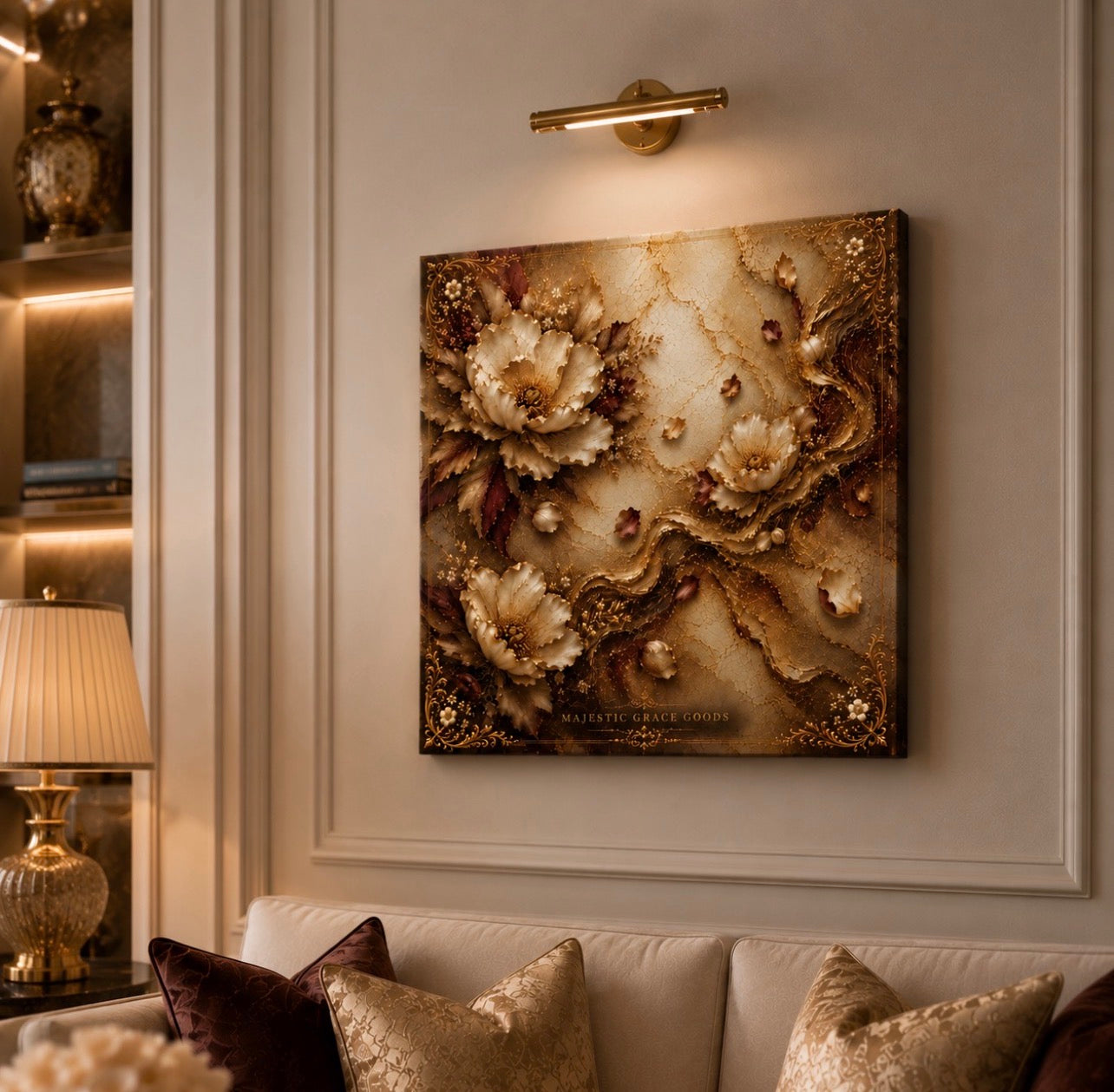 Tableau mural de luxe sur toile dorée à motif floral, œuvre d'art botanique ivoire et bordeaux, élégant tableau carré prêt à accrocher