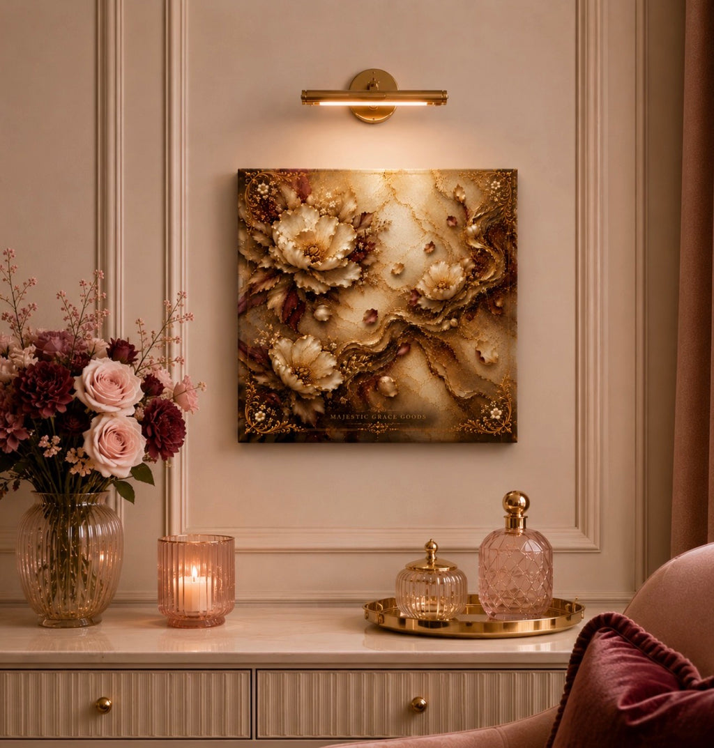 Tableau mural de luxe sur toile dorée à motif floral, œuvre d'art botanique ivoire et bordeaux, élégant tableau carré prêt à accrocher