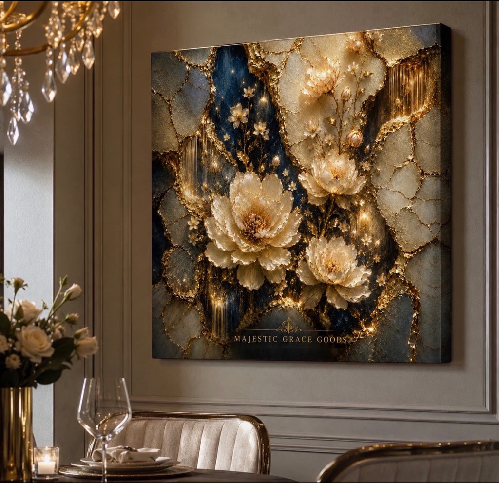 Tableau mural de luxe sur toile or floral, œuvre d'art botanique bleu ivoire, toile prémium prête à accrocher