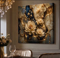 Tableau mural de luxe sur toile or floral, œuvre d'art botanique bleu ivoire, toile prémium prête à accrocher