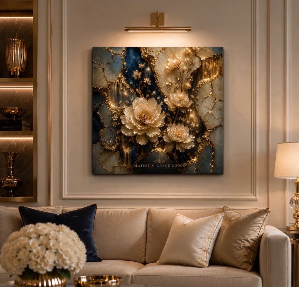 Tableau mural de luxe sur toile or floral, œuvre d'art botanique bleu ivoire, toile prémium prête à accrocher