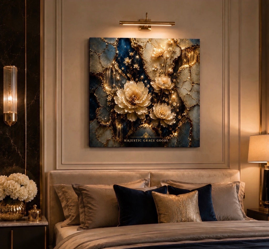 Tableau mural de luxe sur toile or floral, œuvre d'art botanique bleu ivoire, toile prémium prête à accrocher