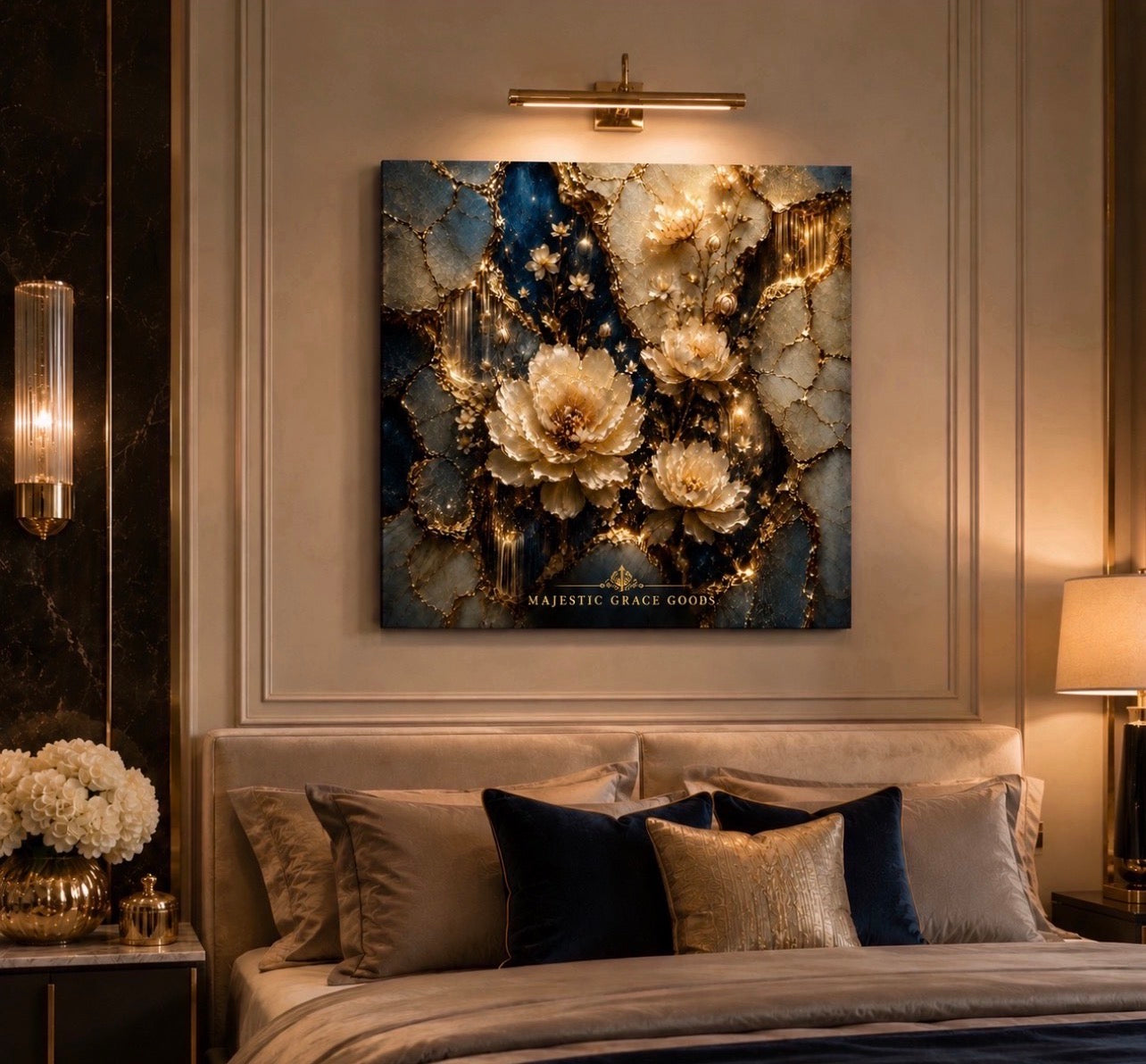 Tableau mural de luxe sur toile or floral, œuvre d'art botanique bleu ivoire, toile prémium prête à accrocher