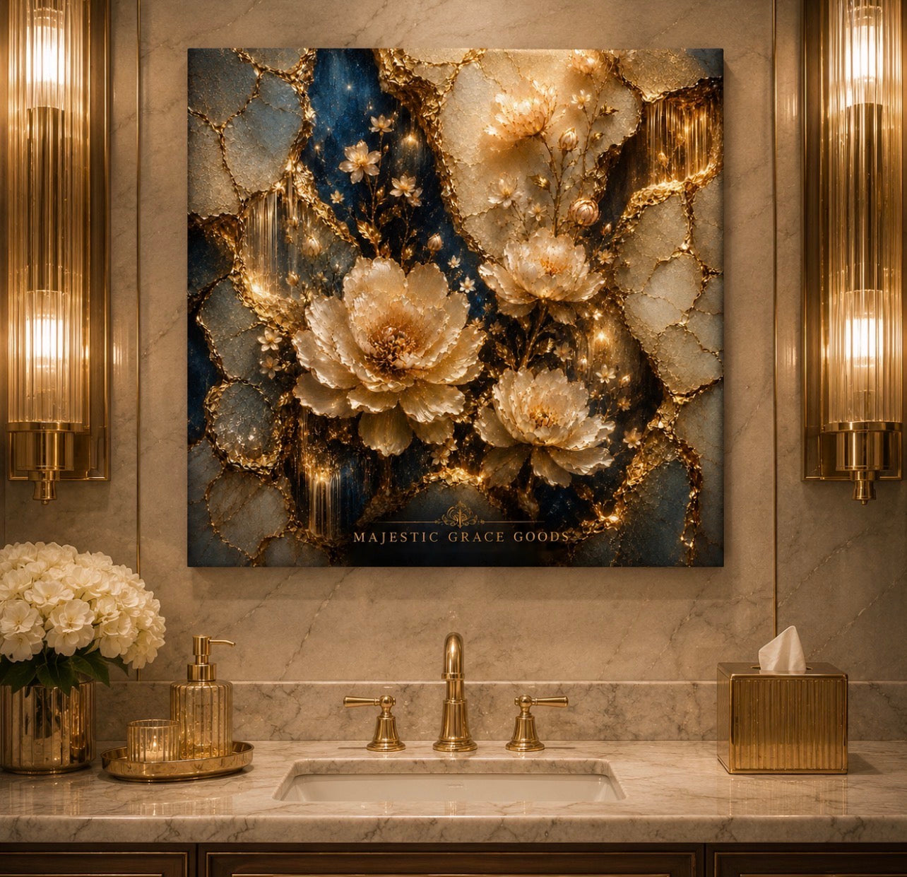 Tableau mural de luxe sur toile or floral, œuvre d'art botanique bleu ivoire, toile prémium prête à accrocher