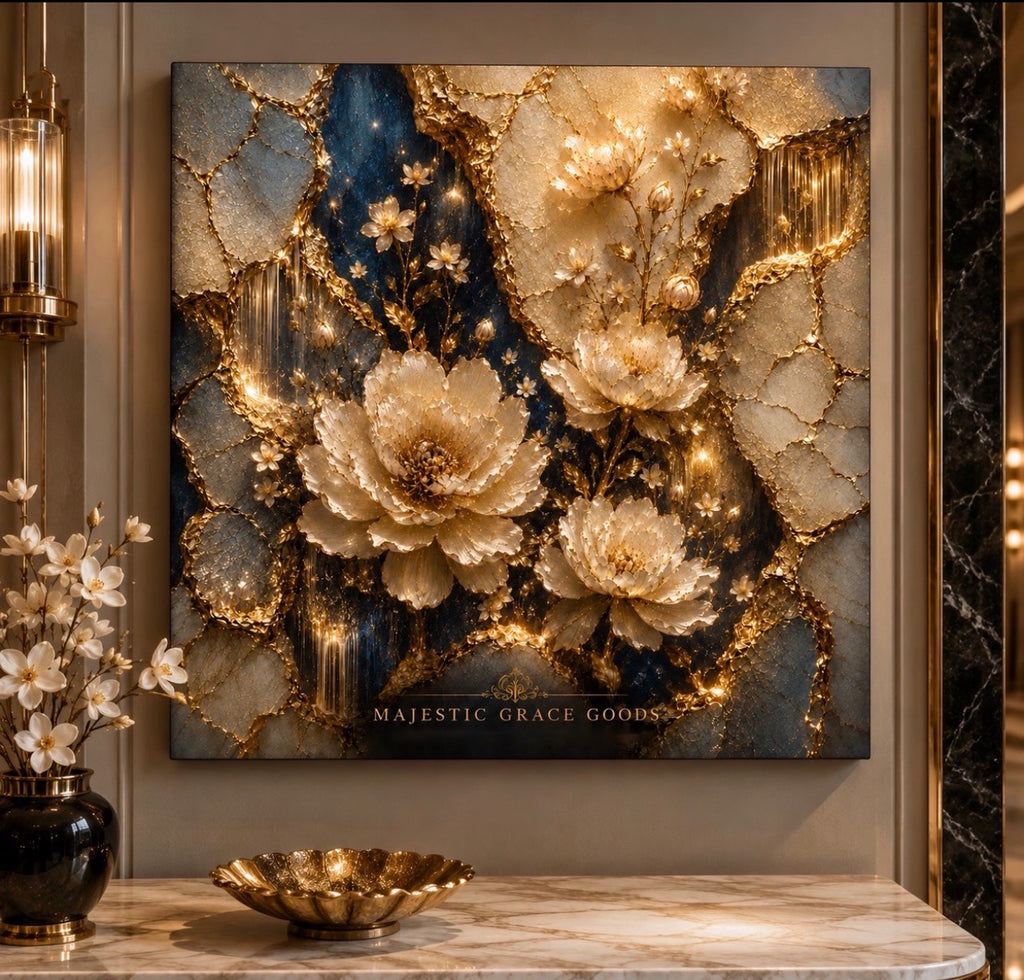 Tableau mural de luxe sur toile or floral, œuvre d'art botanique bleu ivoire, toile prémium prête à accrocher
