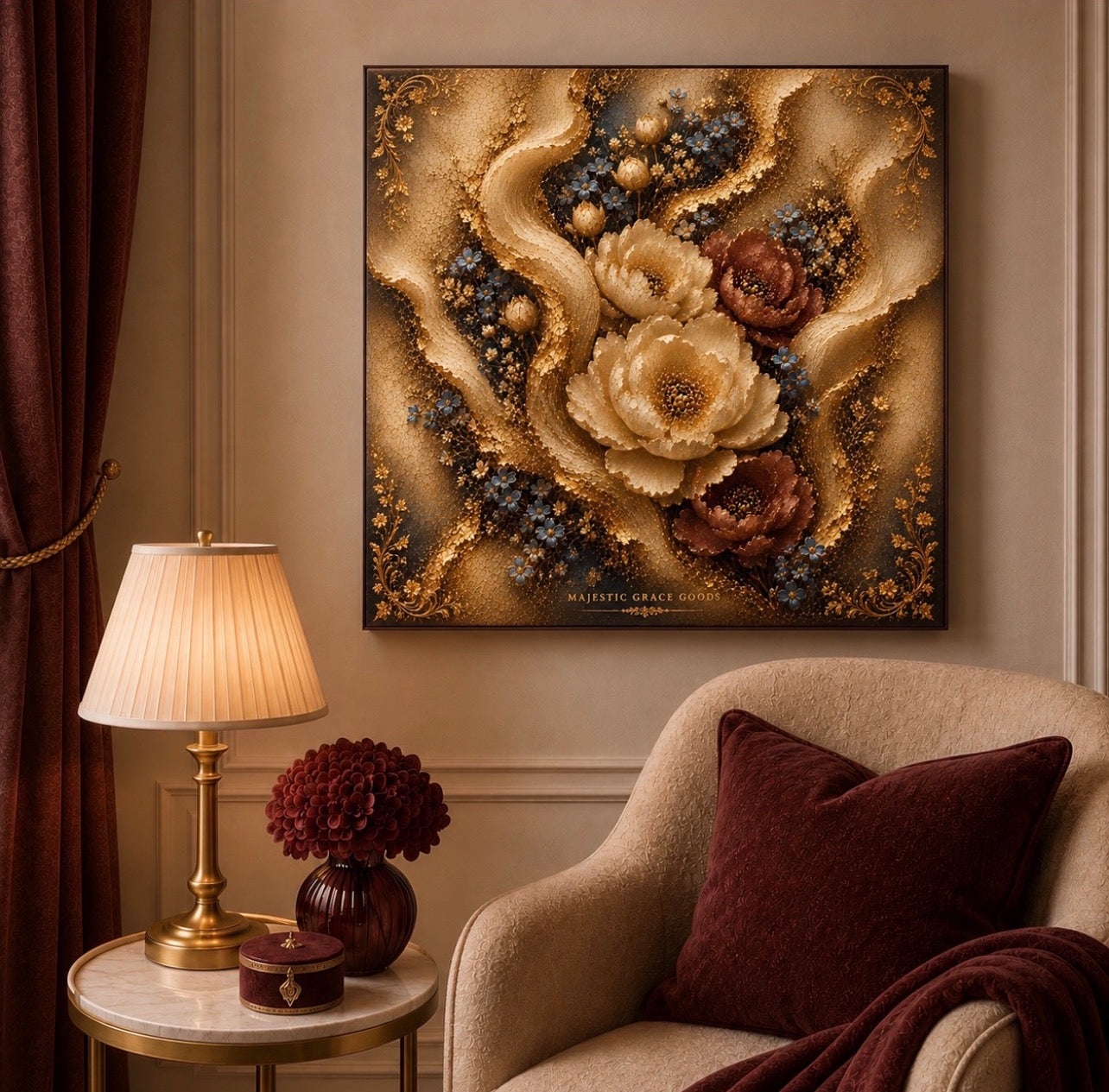 Toile murale de luxe florale or, œuvre botanique bleu bordeaux, toile carrée premium prête à accrocher