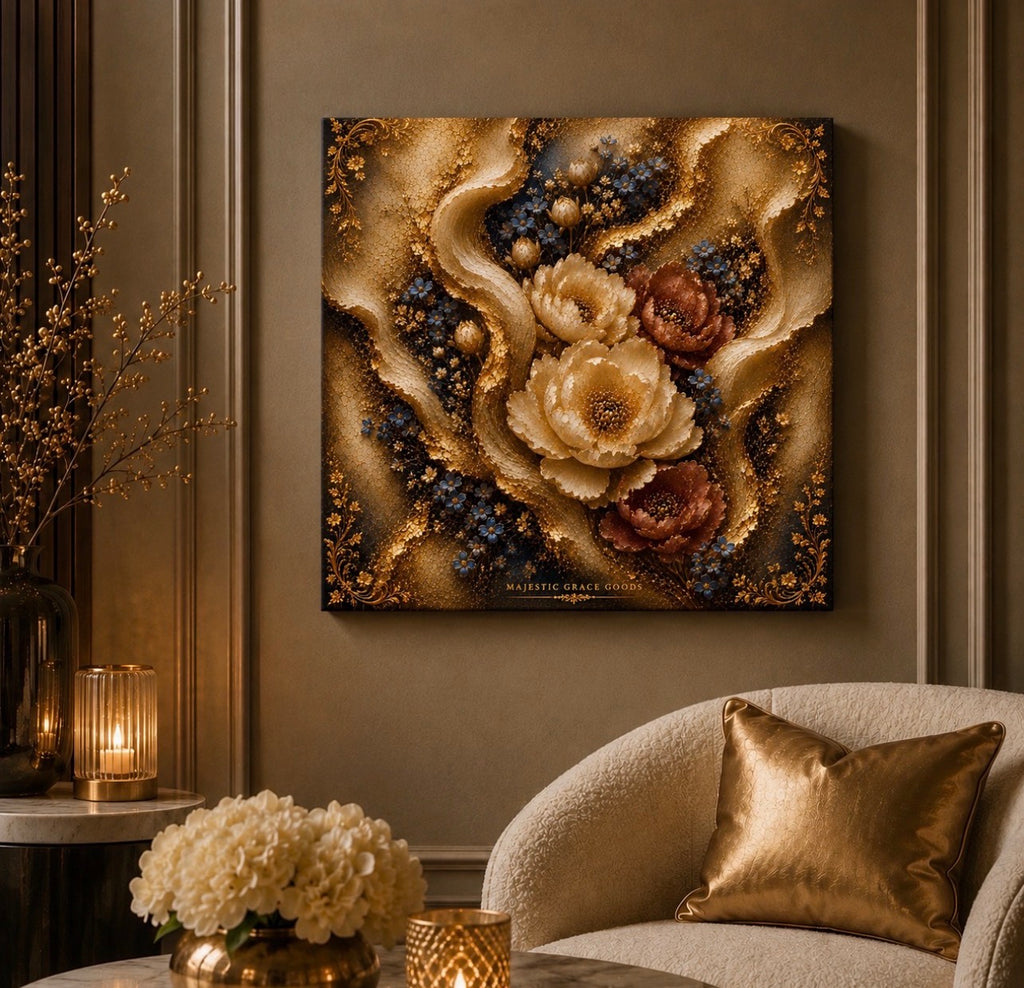 Toile murale de luxe florale or, œuvre botanique bleu bordeaux, toile carrée premium prête à accrocher