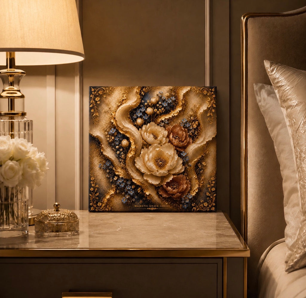 Toile murale de luxe florale or, œuvre botanique bleu bordeaux, toile carrée premium prête à accrocher