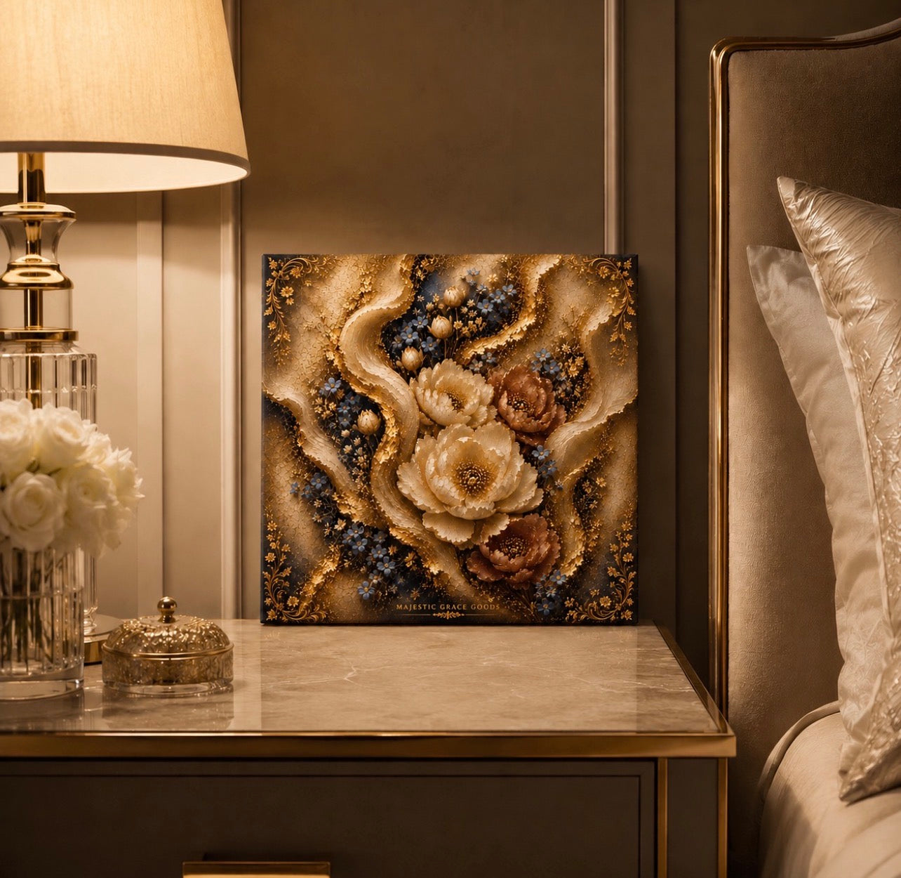 Toile murale de luxe florale or, œuvre botanique bleu bordeaux, toile carrée premium prête à accrocher