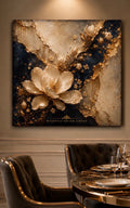 Luxury Ivory Magnolia Canvas Wall Art, Navy Gold Floral Painting, Majestic Grace Goods