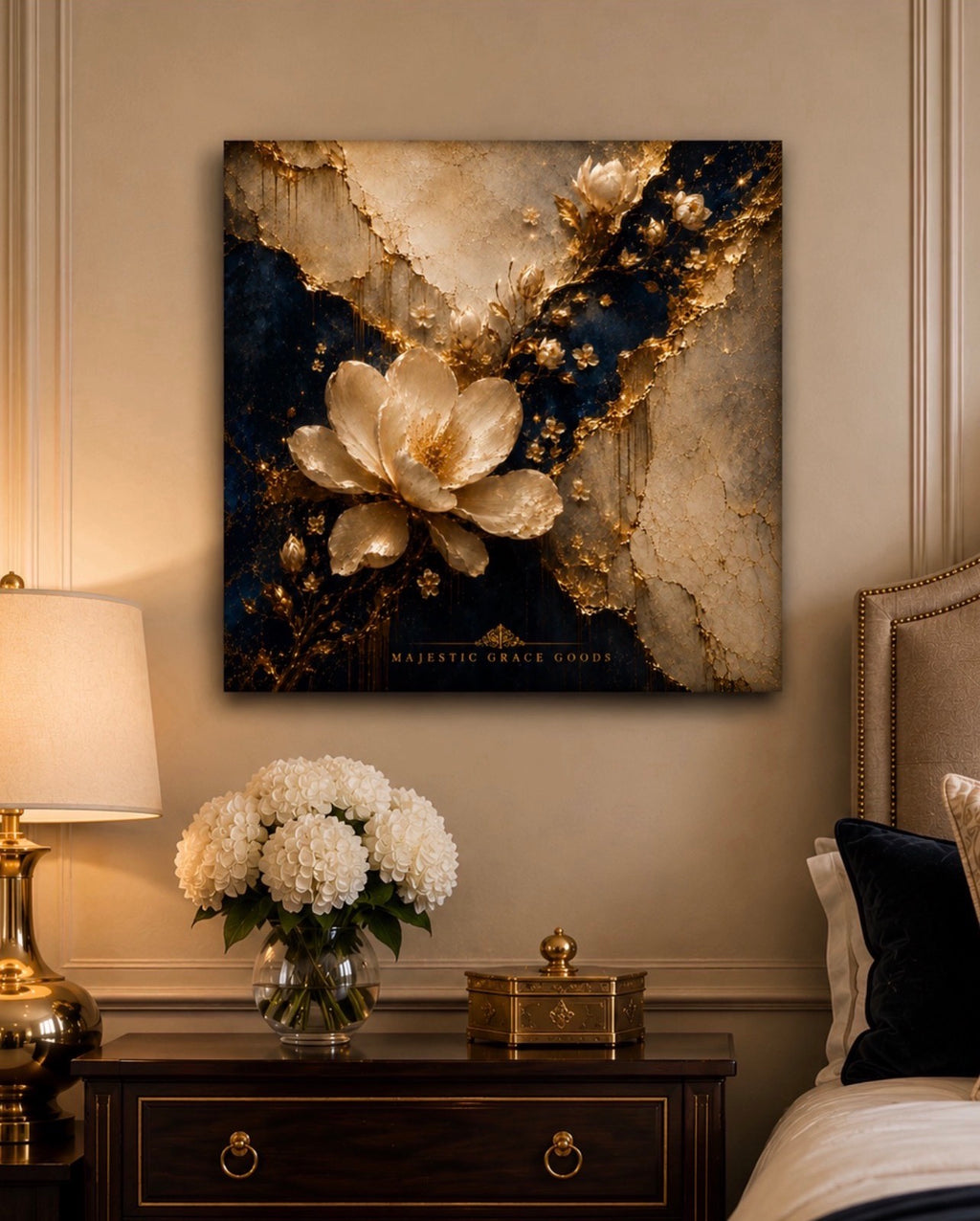 Luxury Ivory Magnolia Canvas Wall Art, Navy Gold Floral Painting, Majestic Grace Goods