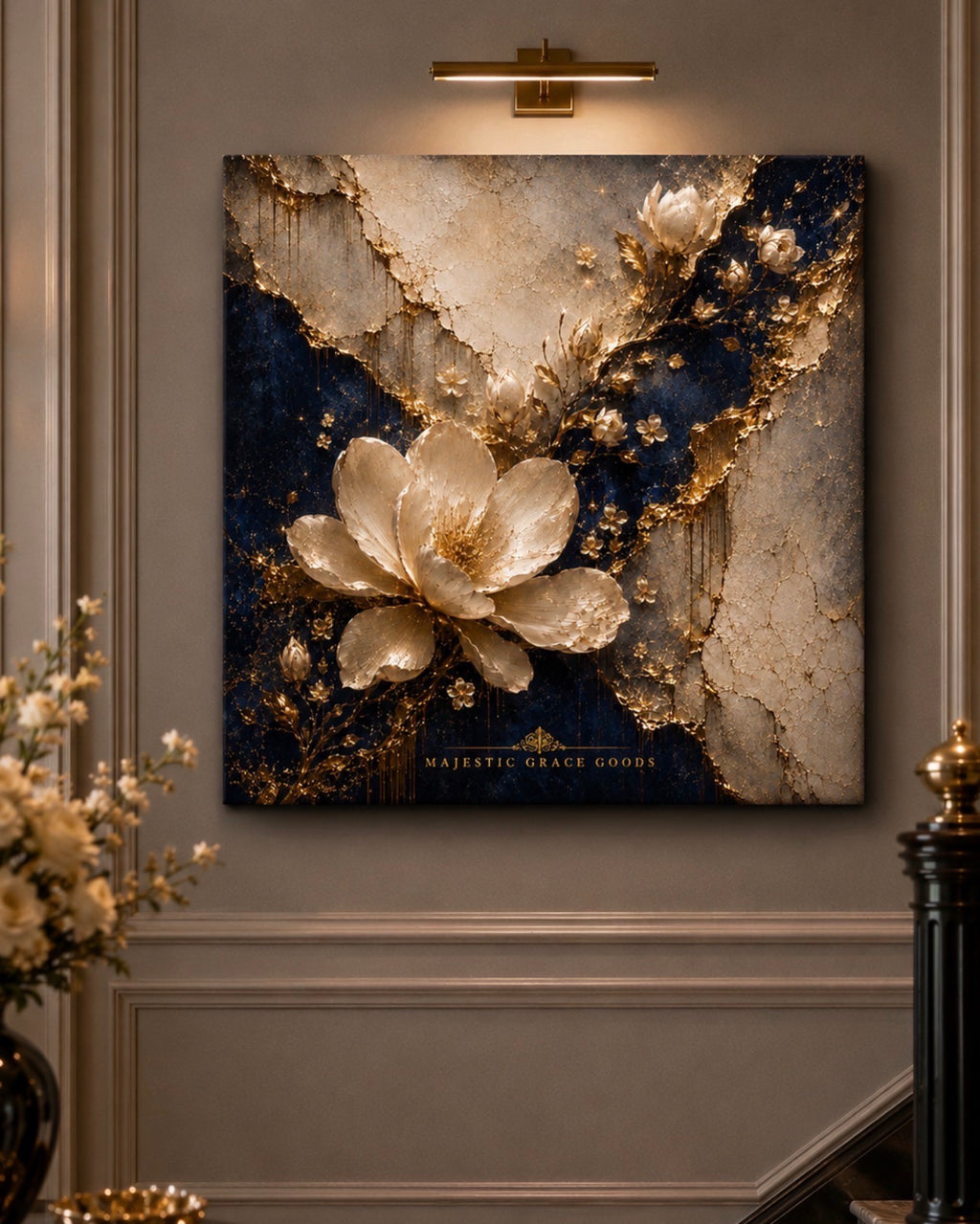 Luxury Ivory Magnolia Canvas Wall Art, Navy Gold Floral Painting, Majestic Grace Goods