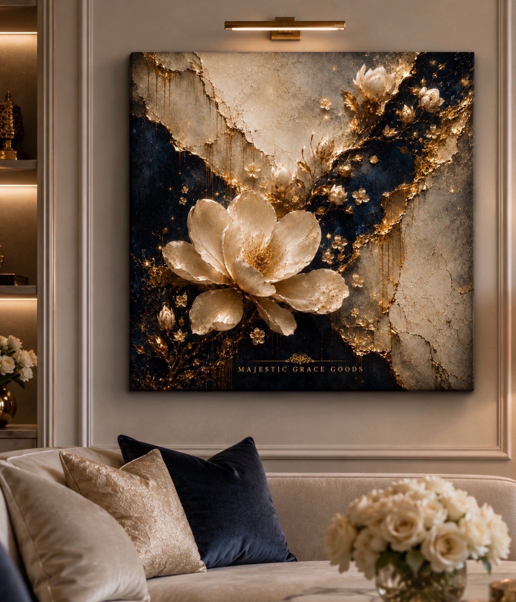 Luxury Ivory Magnolia Canvas Wall Art, Navy Gold Floral Painting, Majestic Grace Goods