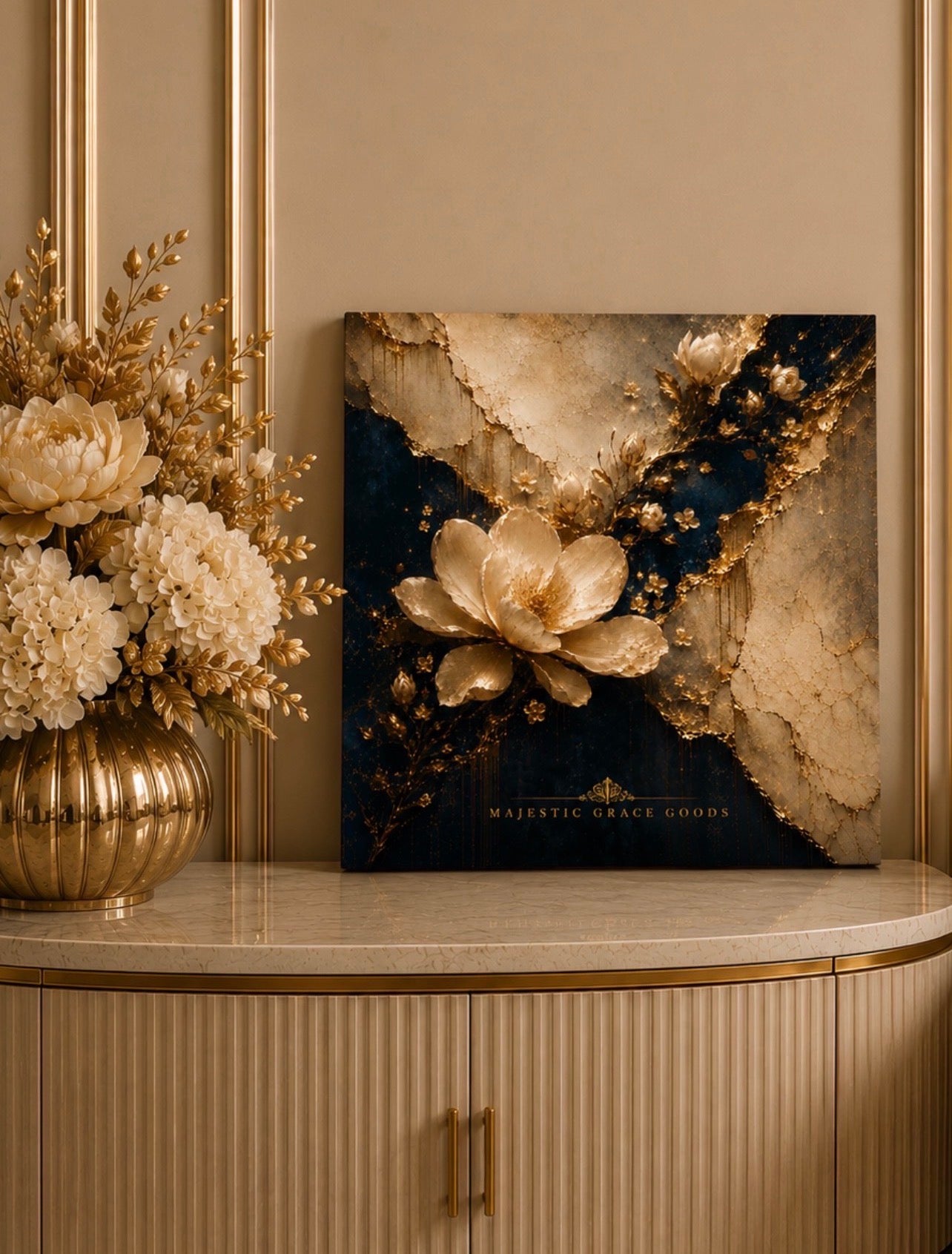 Luxury Ivory Magnolia Canvas Wall Art, Navy Gold Floral Painting, Majestic Grace Goods