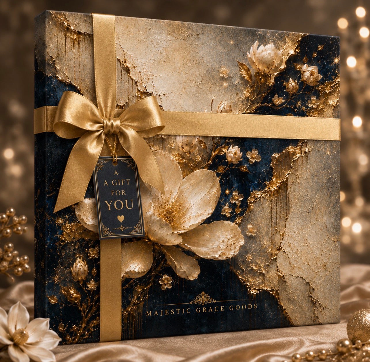 Luxury Ivory Magnolia Canvas Wall Art, Navy Gold Floral Painting, Majestic Grace Goods