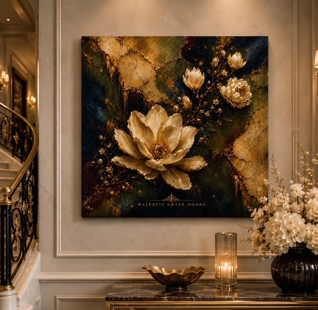 Décoration murale toile Magnolia Ivoire, Oeuvre d'art florale de luxe or, Prête à accrocher