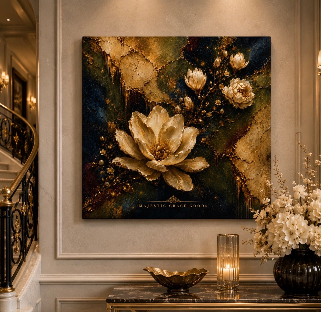 Décoration murale toile Magnolia Ivoire, Oeuvre d'art florale de luxe or, Prête à accrocher