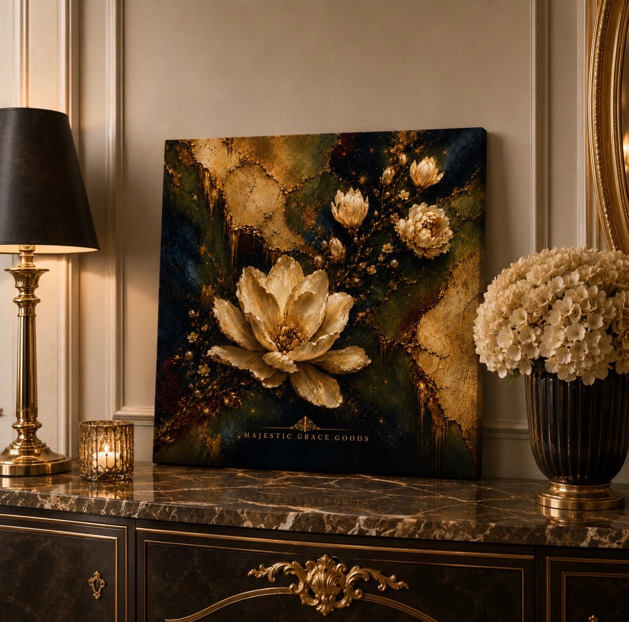 Décoration murale toile Magnolia Ivoire, Oeuvre d'art florale de luxe or, Prête à accrocher