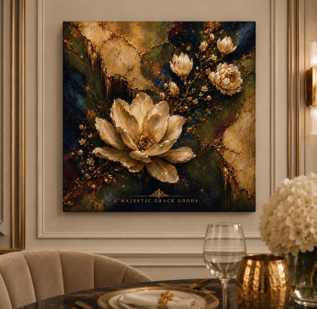 Décoration murale toile Magnolia Ivoire, Oeuvre d'art florale de luxe or, Prête à accrocher